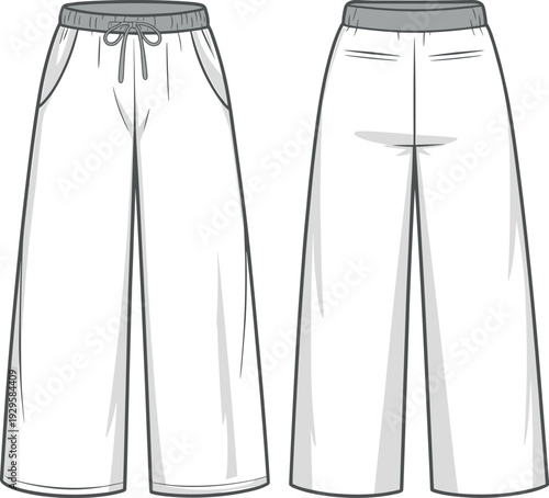 Art & IllustrationFlat fashion technical sketch of women’s wide leg loungewear trousers featuring an elastic drawstring waistband, side pockets, back welt pockets, and front back view.