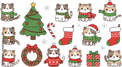 Cute Christmas Cat Illustration Set – Adorable Kawaii Kittens in Holiday Sweaters and Scarves with Christmas Tree Wreath and Stockings for Festive Stickers and Cards