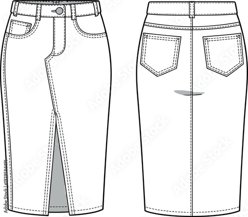 Technical fashion flat sketch of a women's denim midi skirt, white denim pencil skirt with front slit front and back view vector.Art & Illustration