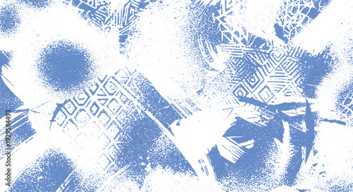 Abstract blue and white grunge background with distressed patterns and spray paint textures, evoking urban art and energy.