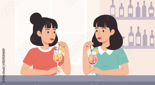 Two women enjoying colorful cocktails at a bar