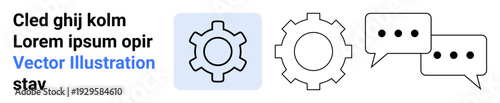 Gear icons emphasize settings, process, and productivity, paired with chat bubbles symbolizing communication and collaboration. Ideal for teamwork, workflow, development, tech, apps discussion