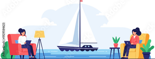 Two women in cozy chairs, each with a laptop, a sailboat in the background