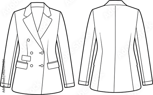Art & IlTechnical fashion flat sketch of a women's double breasted blazer, white long sleeve tailored suit jacket front and back view vector template.lustration