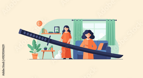Two women and a cat in a living room with a large sword across the scene