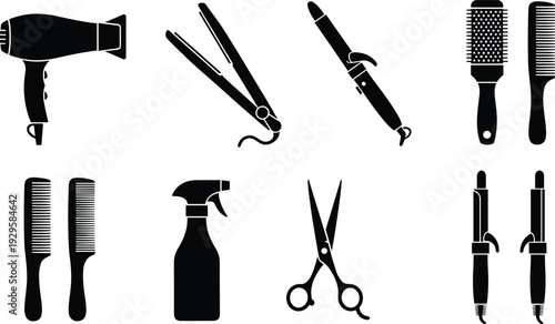 Black silhouette icons of professional hair salon tools including blow dryer straightener scissors and combs isolated on white background for beauty and hairdressing design
