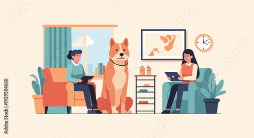 Two women and a dog sit in a room with furniture and artwork
