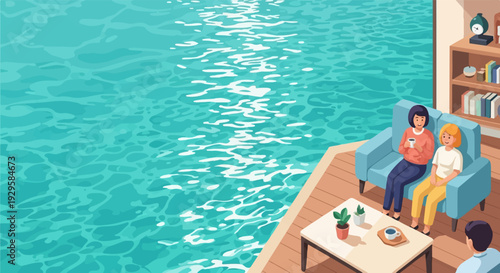 Two women enjoy coffee on a sunlit deck by tranquil turquoise waters