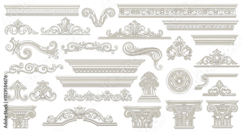Collection of ornate architectural elements and decorative borders, showcasing classic design motifs and intricate detailing for ornate interior and exterior embellishment