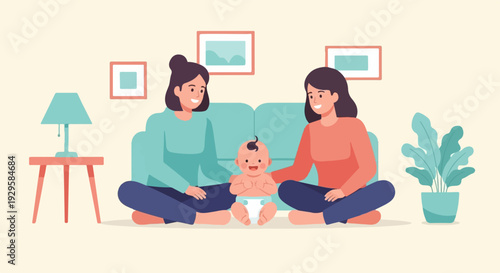 Two smiling women and a baby sitting on the floor in a cozy living room