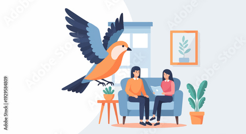 Two women relax indoors with a bird flying nearby