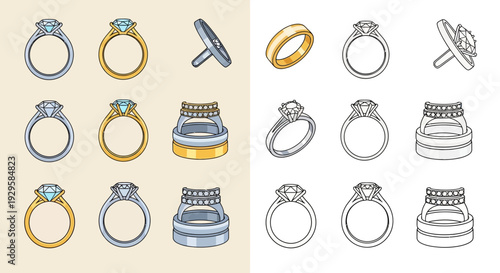 Collection of various rings, including engagement, wedding, and solitaire styles, presented in both colorful and outline illustrations for design versatility