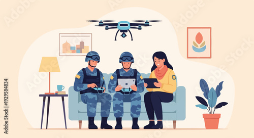 Two soldiers and a woman operate a drone indoors on a tablet