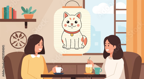 Two women enjoy coffee, a cat lantern hangs above them