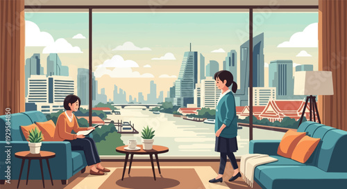 Two women inside a modern apartment with a river and city view