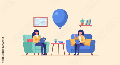 Two women in comfortable chairs, with a balloon, in a room