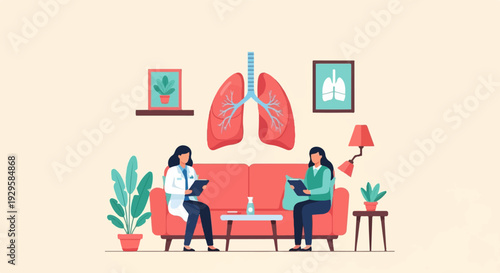 Two women, one in medical attire, seated on a couch discussing health