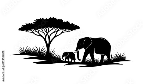 Elephant family silhouette composition with acacia tree and lush savanna vegetation vector art isolated on white background