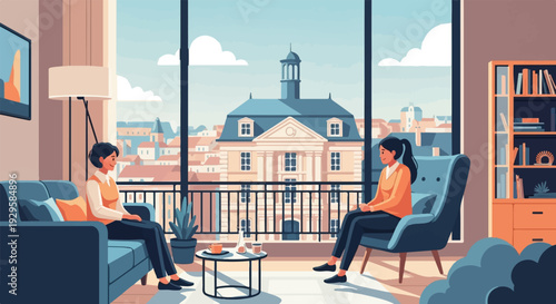 Two women chat in a room with a city view, a bookcase nearby