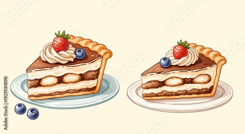 Two slices of pie with cream, berries, and fruit on plates