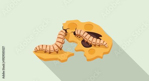 Two segmented worms crawl over a cracked yellow cheese