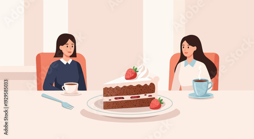 Two women enjoy coffee and a slice of cake at a table