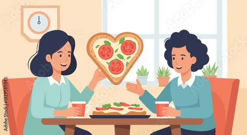 Two women enjoy heart-shaped pizza and coffee in a cozy cafe setting
