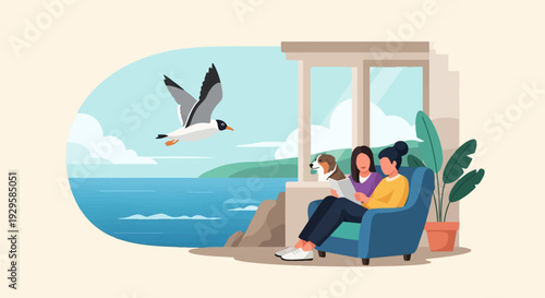 Two women and a dog relax by a window overlooking the sea and a flying bird