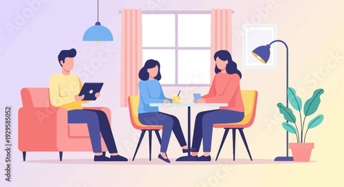 Two women at a table, one man on a couch, all in a room