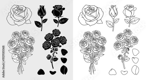 Set of floral elements including roses, rosebuds, petals, and bouquets in line art and silhouette styles for design applications