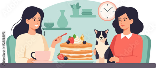Two women and a dog enjoy pancakes in a cheerful kitchen setting