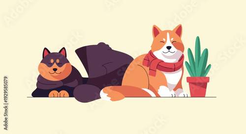 Two stylized dogs, one with a scarf, relax near a potted plant