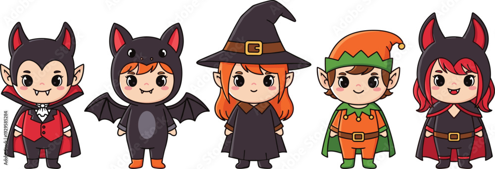 Fototapeta premium Cute Halloween Kid Costume Mascot Set – Adorable Kawaii Vampire Witch Bat and Elf Character Illustrations for Spooky Seasonal Branding and Party Stationery