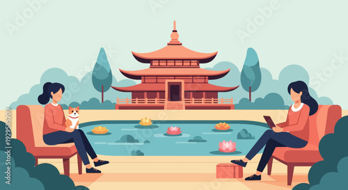 Two women relax by a tranquil pond with lotus flowers and a pagoda