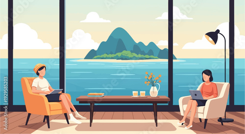 Two women in comfortable chairs working on laptops with a scenic ocean island view