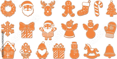 Christmas Gingerbread Cookie Illustration Set – Festive Orange and White Vector Graphics with Santa Reindeer Snowman and Gingerbread House for Holiday Decor and Baking Branding
