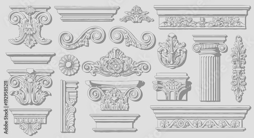 Collection of ornate architectural moldings and decorative elements featuring columns, capitals, and intricate carvings in a monochromatic style, architectural design elements
