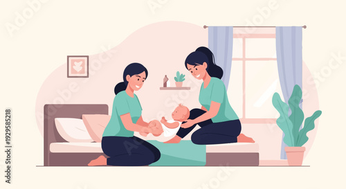 Two women changing a baby's diaper on a bed in a cozy room