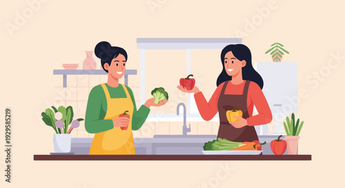 Two women in a kitchen, smiling and holding fresh vegetables