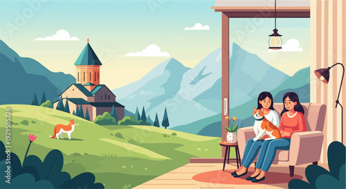 Two women and a dog relax indoors with a scenic mountain landscape visible