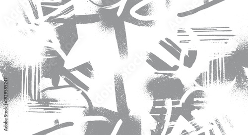 Monochromatic abstract background with gray graffiti-style brush strokes and geometric elements, modern design