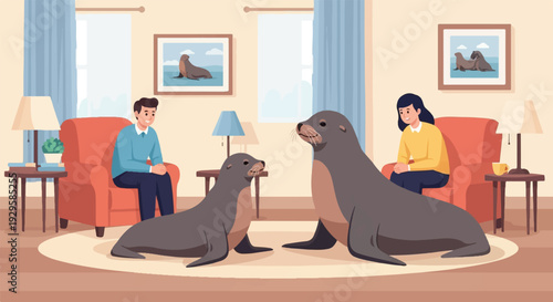 Two seals sit with a man and woman inside a cozy living room