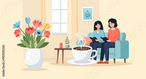 Two women read together in a living room with flowers and coffee