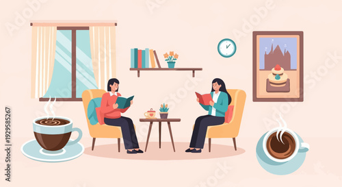 Two women enjoying reading with coffee in a cozy living room