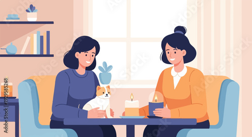 Two women and a small dog sit at a table, lit by candles, in a cozy room