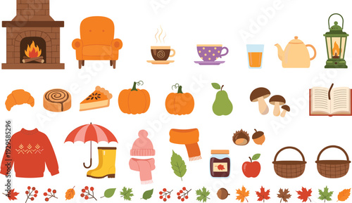 Cozy Autumn and Fall Harvest Illustration Set – Flat Vector Graphics of Fireplace Pumpkin Pie Warm Sweaters and Colorful Fall Leaves for Thanksgiving and Seasonal Design