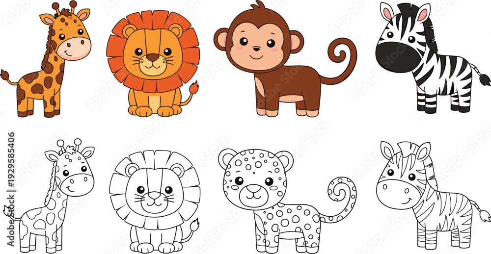Fototapeta premium Cute Safari Animal Character Set – Adorable Baby Lion Giraffe Zebra Monkey and Cheetah Vector Illustrations in Full Color and Line Art for Kids Nursery and Coloring Pages