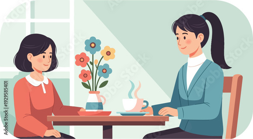 Two women enjoying coffee and conversation by a window