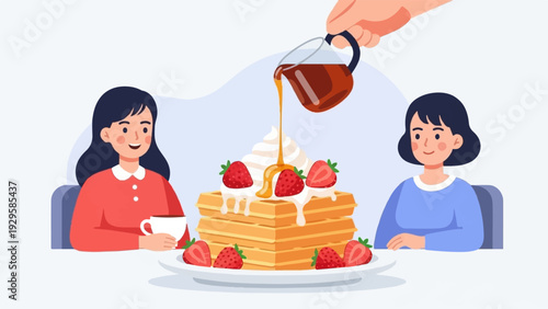 Two women enjoying a stack of waffles with strawberries and syrup