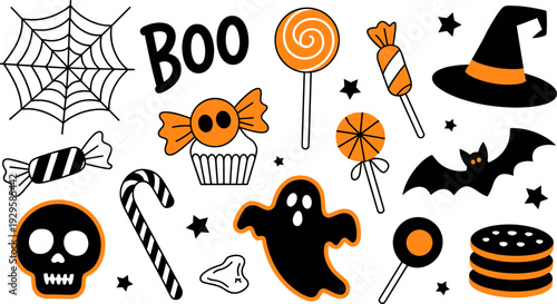 Halloween festive illustration, spooky ghost, bat with glowing eyes, witch hat, spider web, candies, cupcake, skull, bone, cookies, holiday decoration artwork